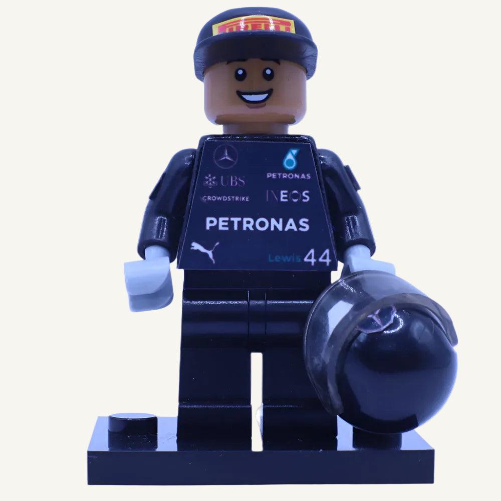 Custom LEGO minifigure of Lewis Hamilton in 2024 Mercedes F1 race kit with helmet