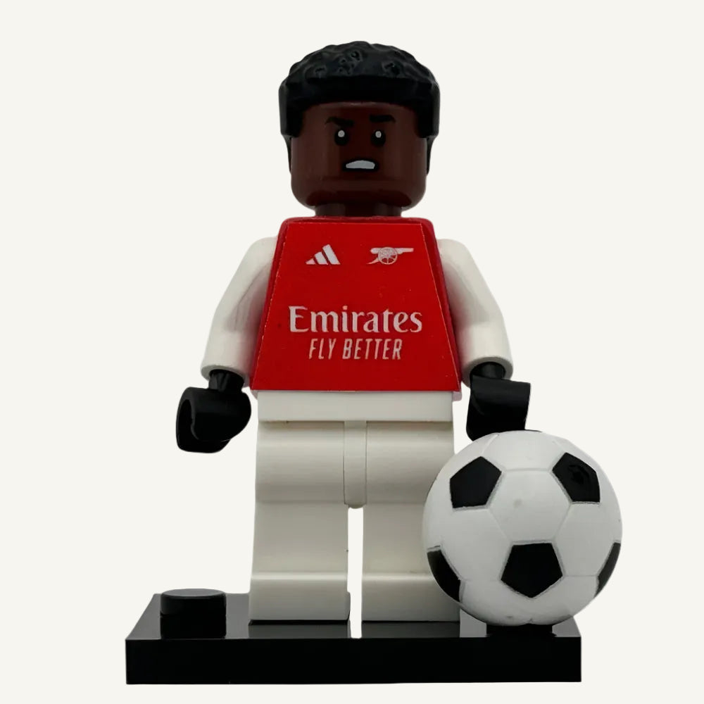 Custom LEGO minifigure of Bukayo Saka in Arsenal kit with a LEGO football
