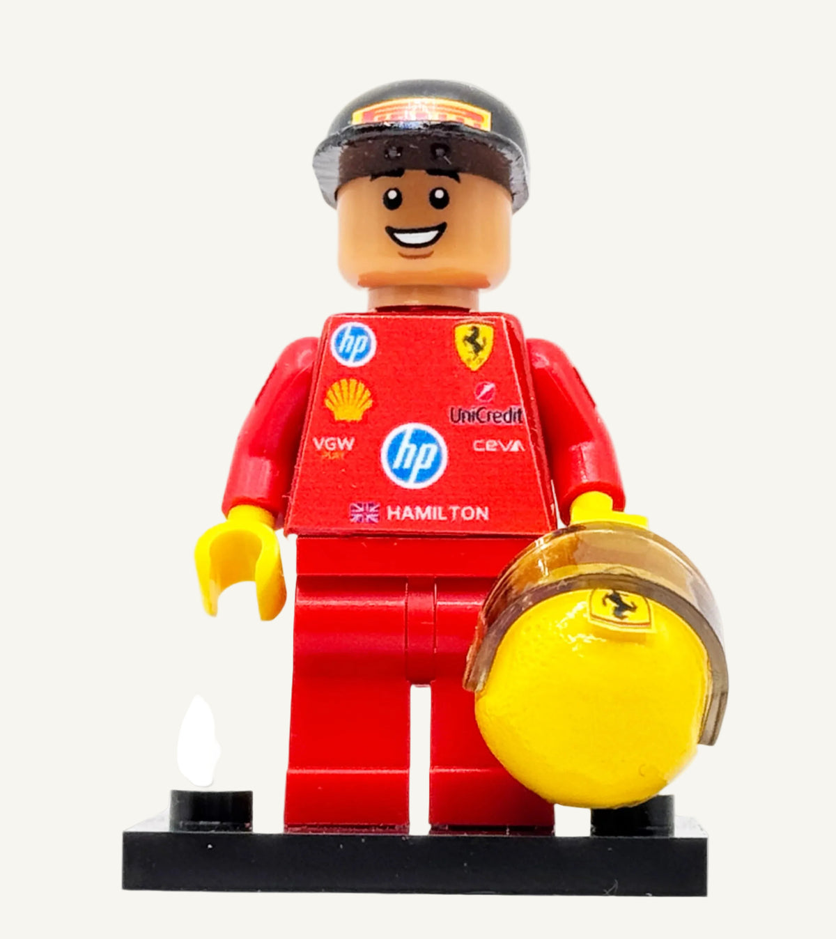 Custom LEGO minifigure of Lewis Hamilton in Ferrari F1 race kit with helmet