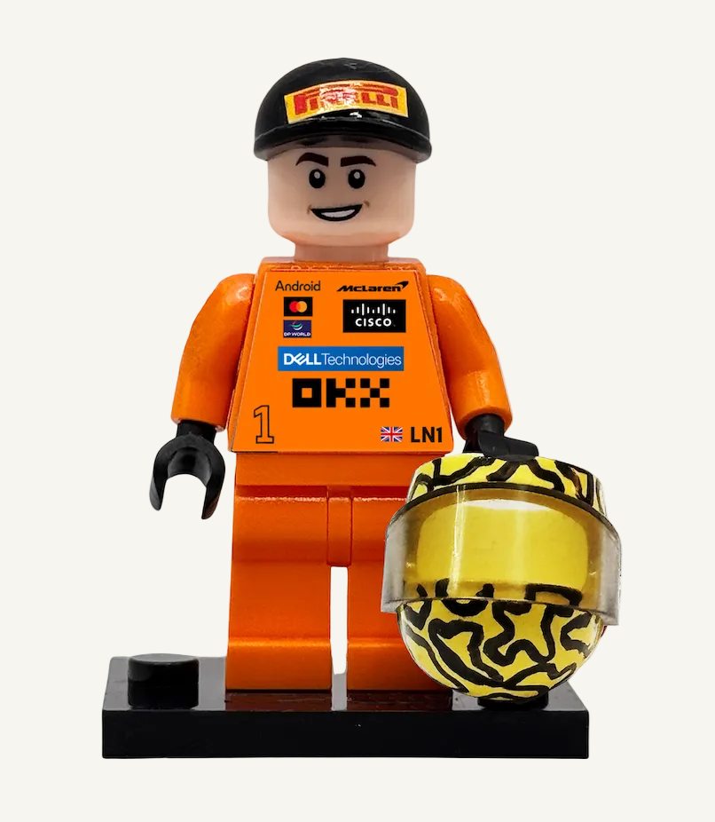 Custom LEGO minifigure of Lando Norris in McLaren race kit with helmet, on a black base plate